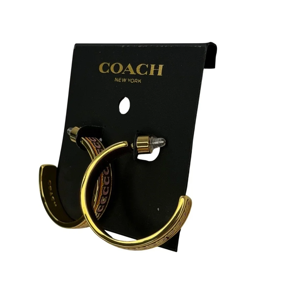 Coach Signature C Enamel Hoop Earrings Gold Tone Tan Brown Medium C-Link NWT - Picture 3 of 4